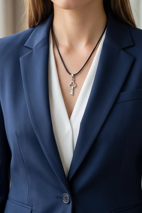 The Secret Keeper: Minimalist Silver Clover Key Pendant Necklace