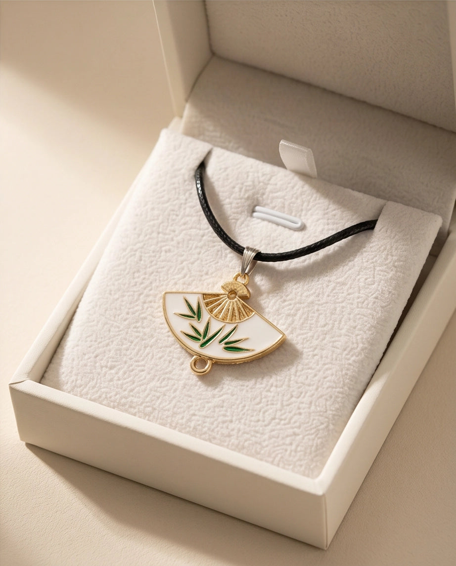 White Enamel Bamboo Fan Pendant Necklace