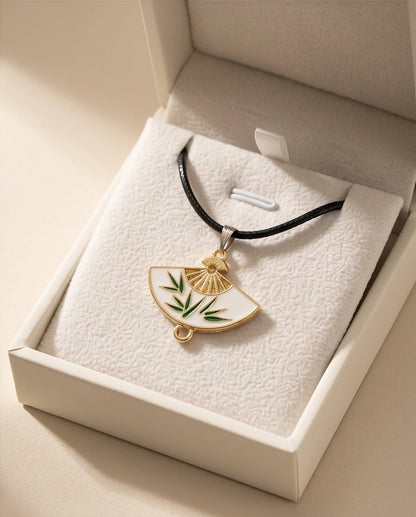 White Enamel Bamboo Fan Pendant Necklace