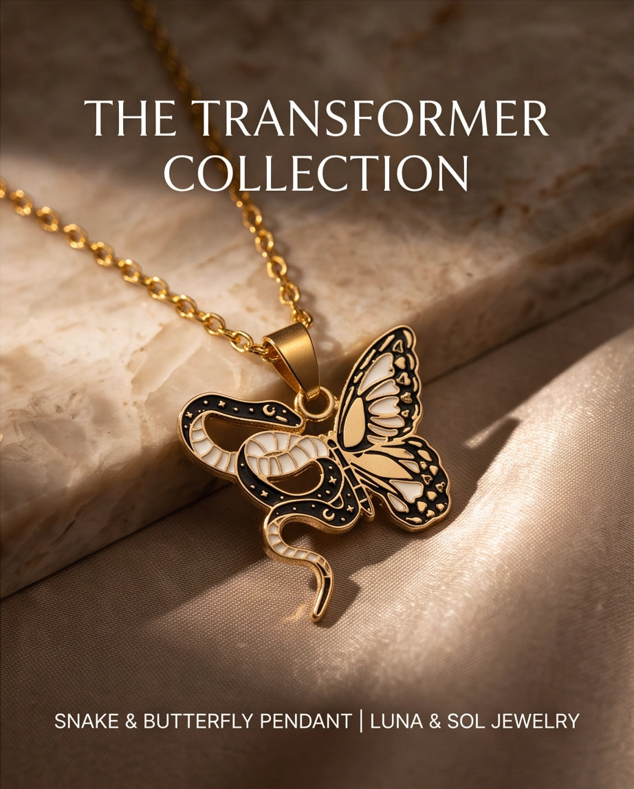 Gold Snake & Butterfly Celestial Enamel Pendant Necklace