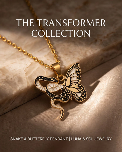Gold Snake & Butterfly Celestial Enamel Pendant Necklace