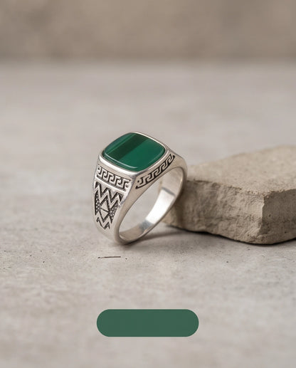 Green Agate Cushion Cabochon Greek Key Zigzag Silver Ring