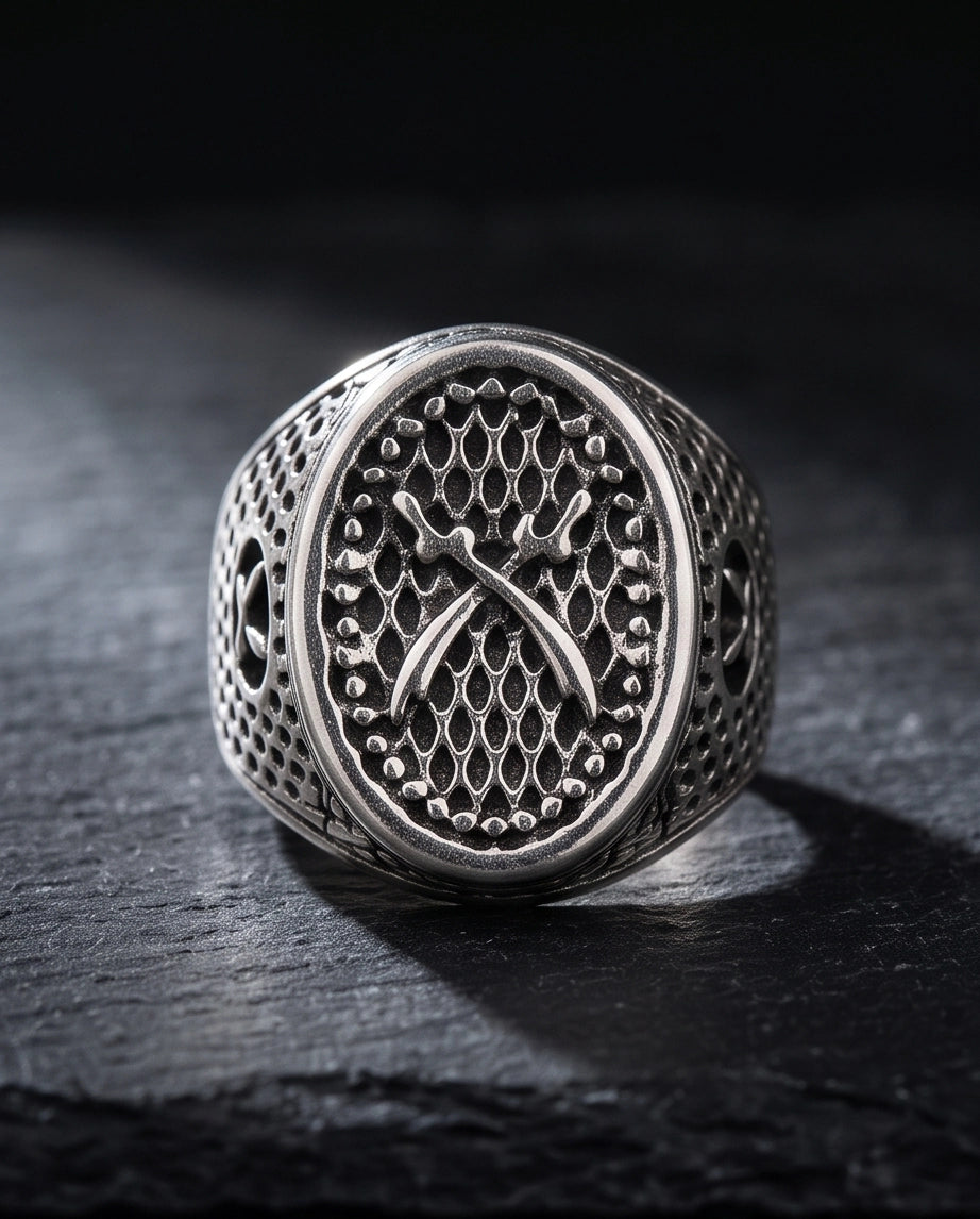 Crossed Scimitars Mesh Signet Ring
