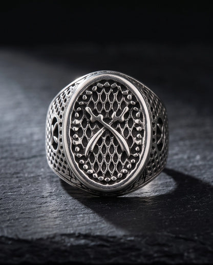 Crossed Scimitars Mesh Signet Ring