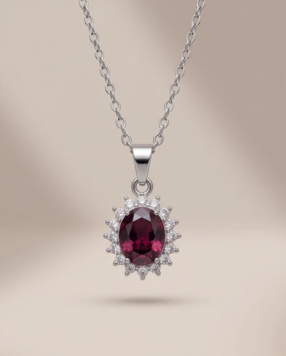 Silver Ruby Red Oval Halo Medallion Pendant Necklace