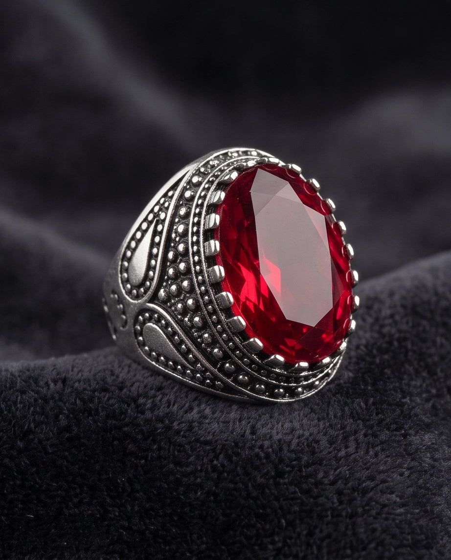 Ruby Gemstone Crown Prong Bezel Teardrop Filigree Silver Ring