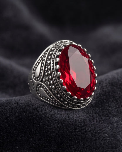 Ruby Gemstone Crown Prong Bezel Teardrop Filigree Silver Ring