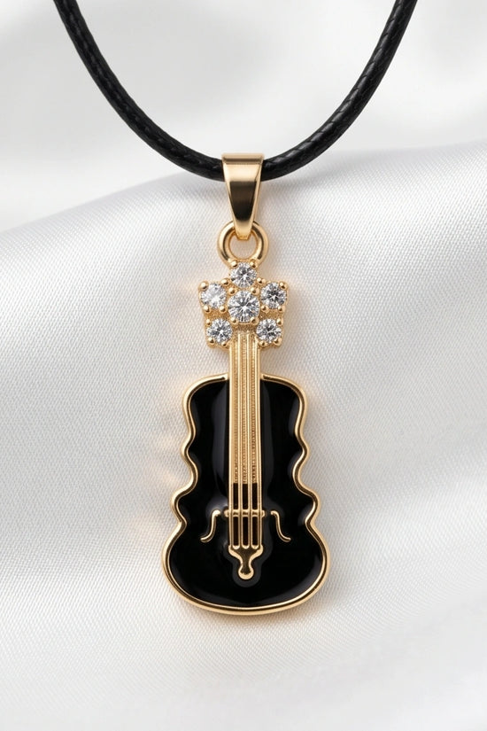 Gold and Black Enamel Violin Necklace