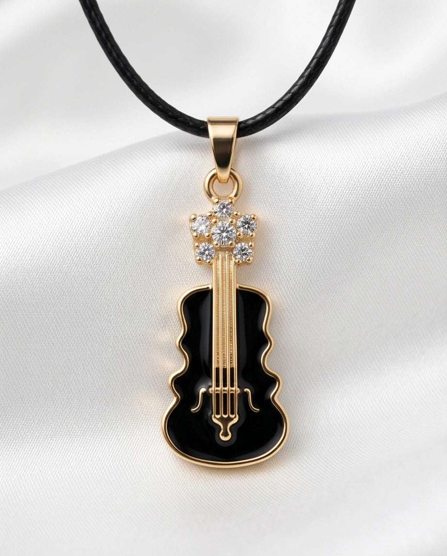 Gold and Black Enamel Violin Necklace