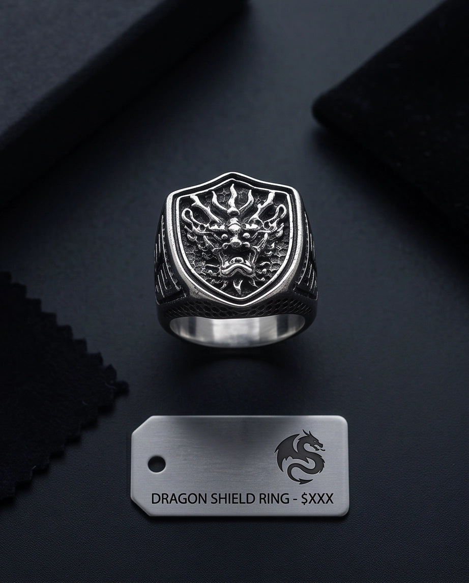 Draconic Shield Crest Silver Signet Ring