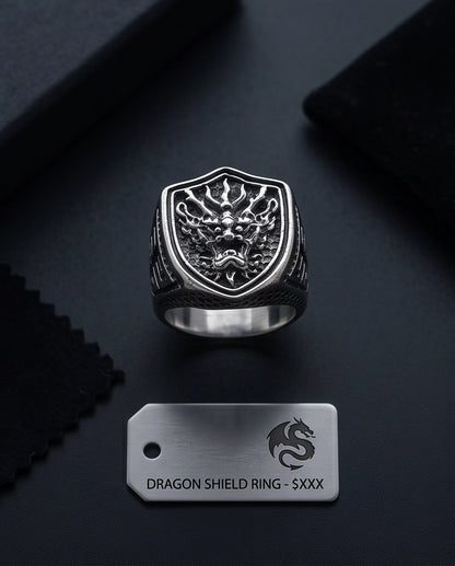 Draconic Shield Crest Silver Signet Ring