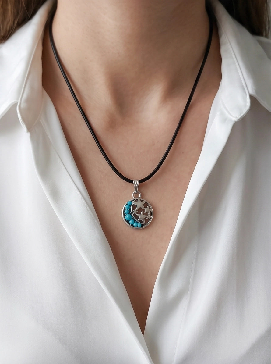 Turquoise Crescent Moon & Star Pendant Necklace