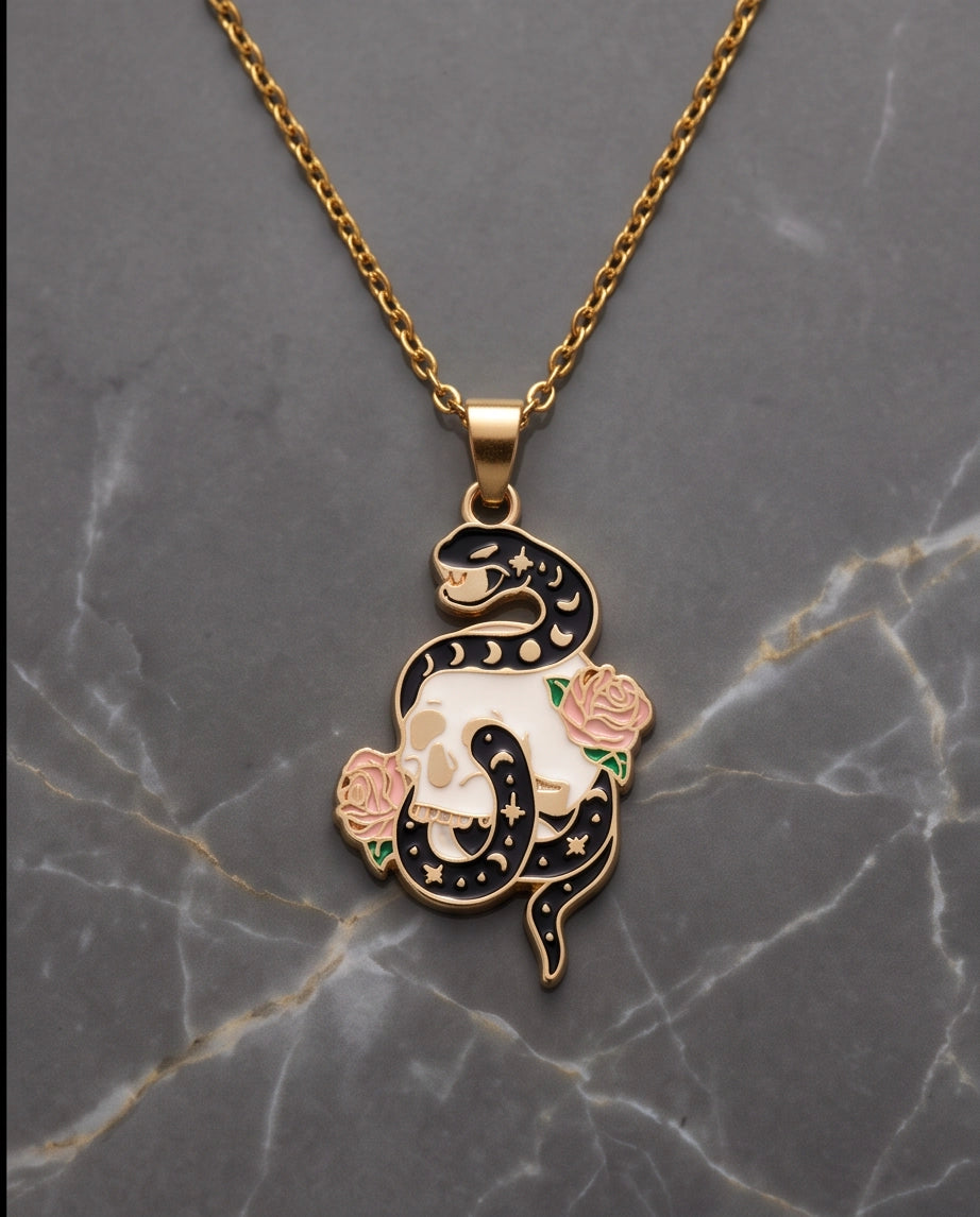 Gold Snake, Skull & Rose Enamel Pendant Necklace