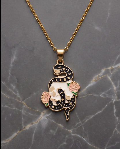 Gold Snake, Skull & Rose Enamel Pendant Necklace