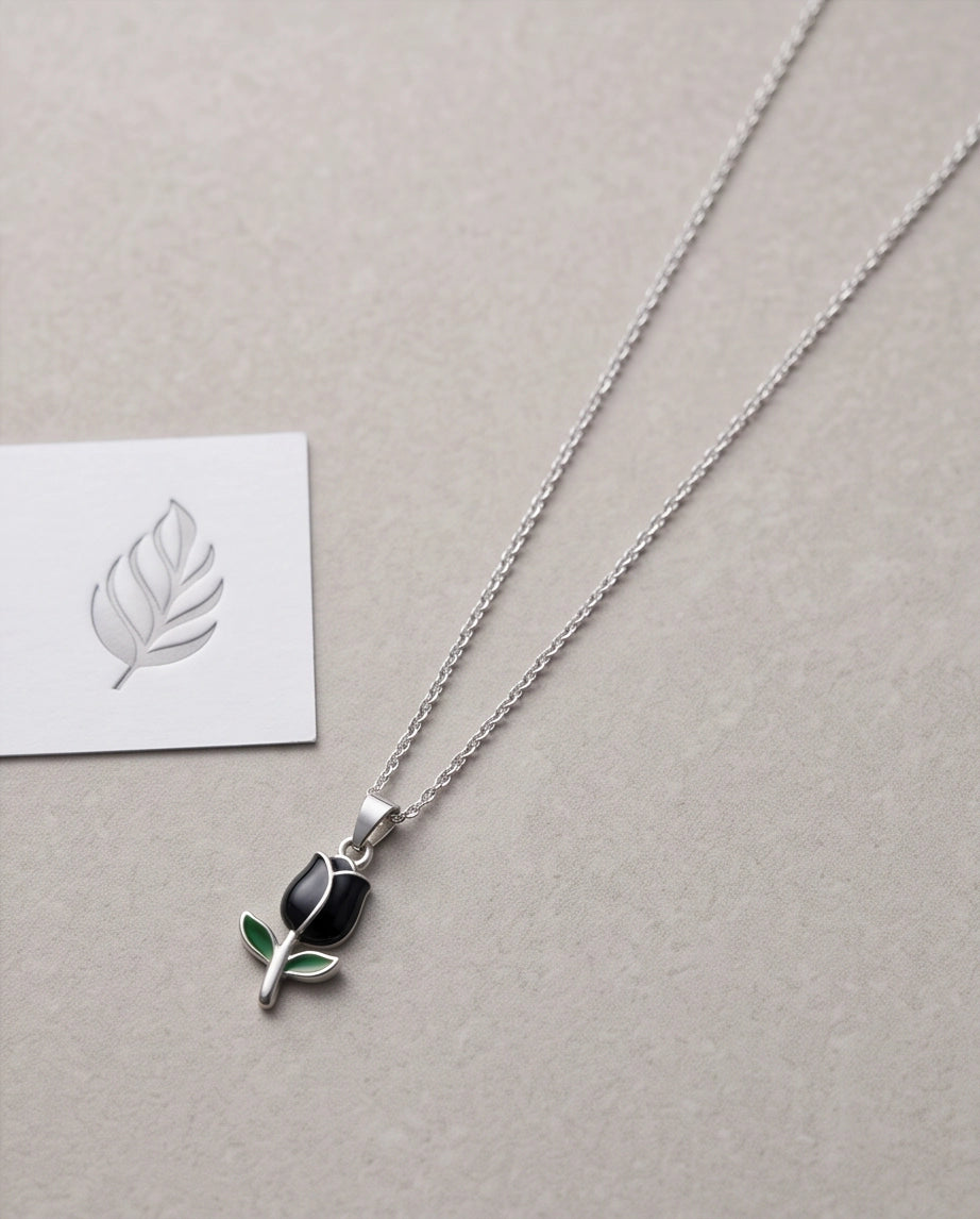 Silver Black Enamel Tulip Pendant Necklace