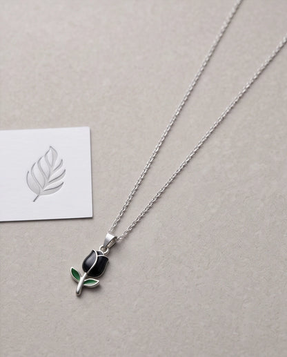 Silver Black Enamel Tulip Pendant Necklace