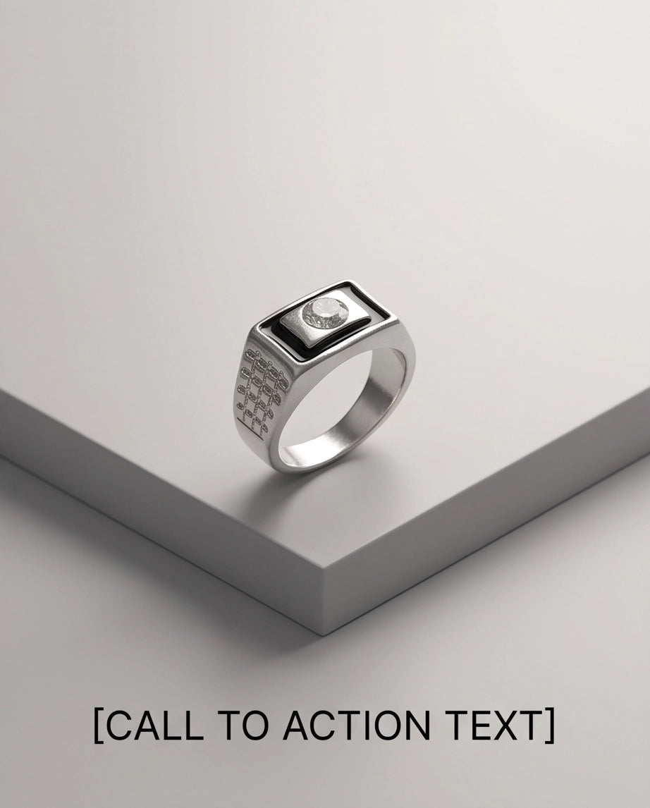 Brilliant Round Crystal Onyx-Inlay Brick-Link Band Silver Ring