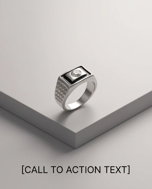 Brilliant Round Crystal Onyx-Inlay Brick-Link Band Silver Ring
