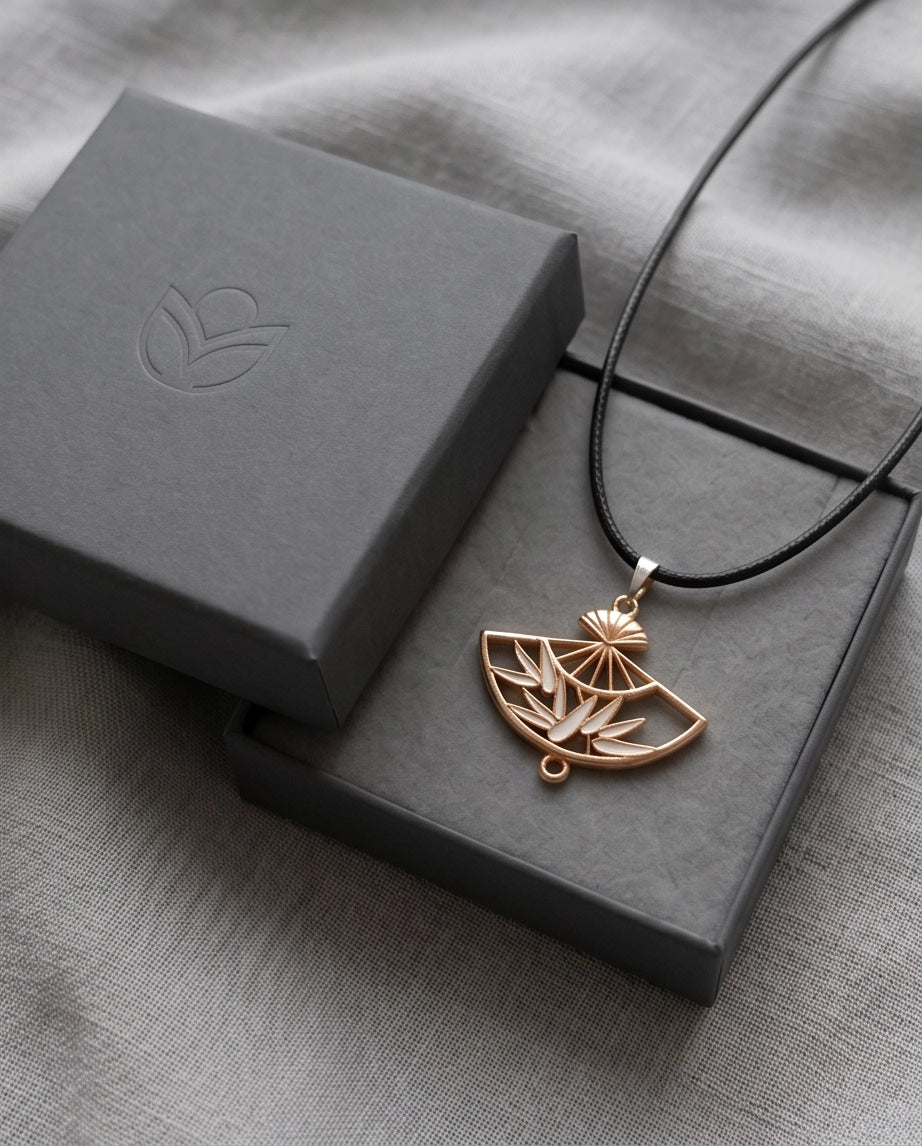 White Leaf Bamboo Fan Pendant Necklace