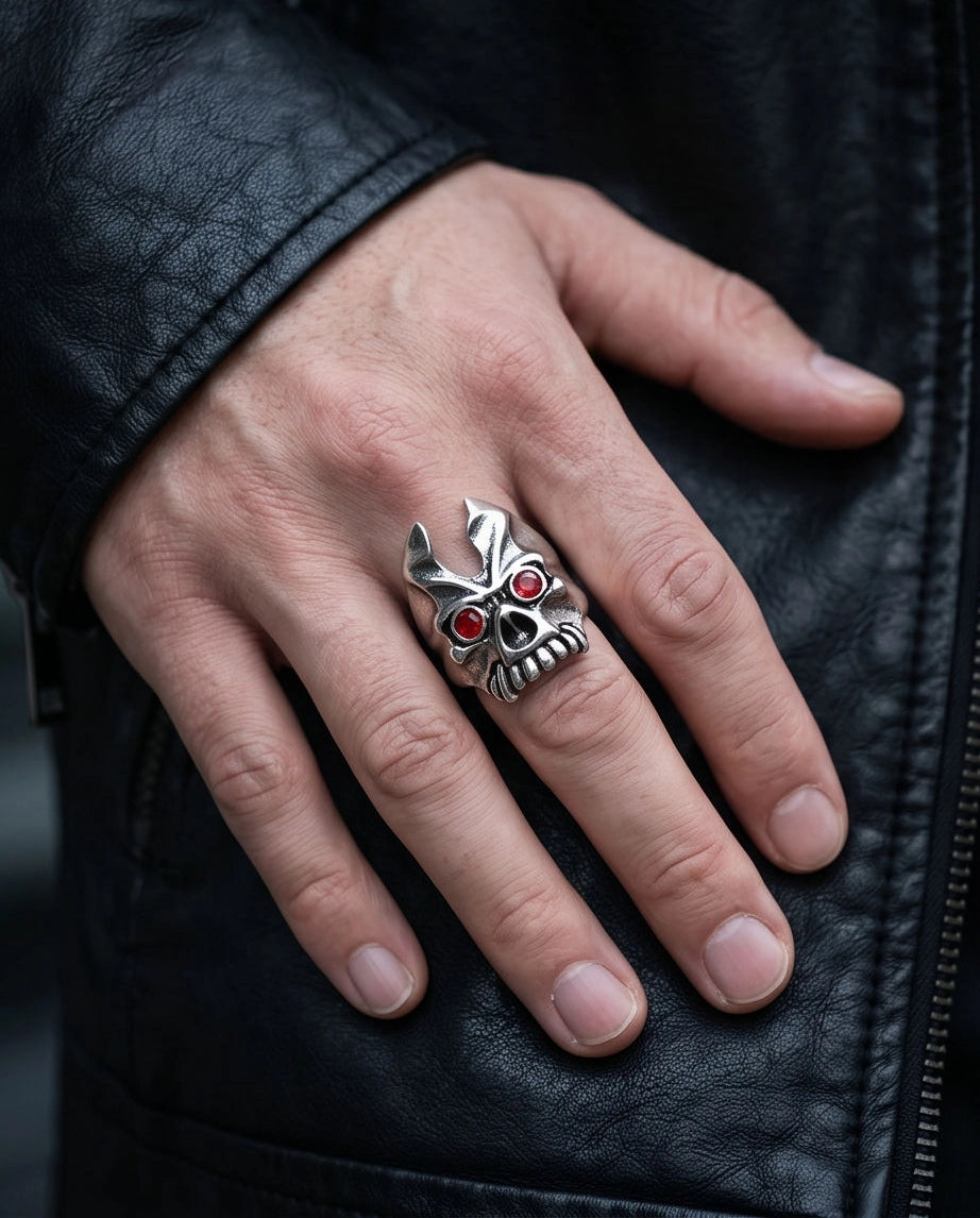 Ruby-Eyed Horned Demon Skull Ring