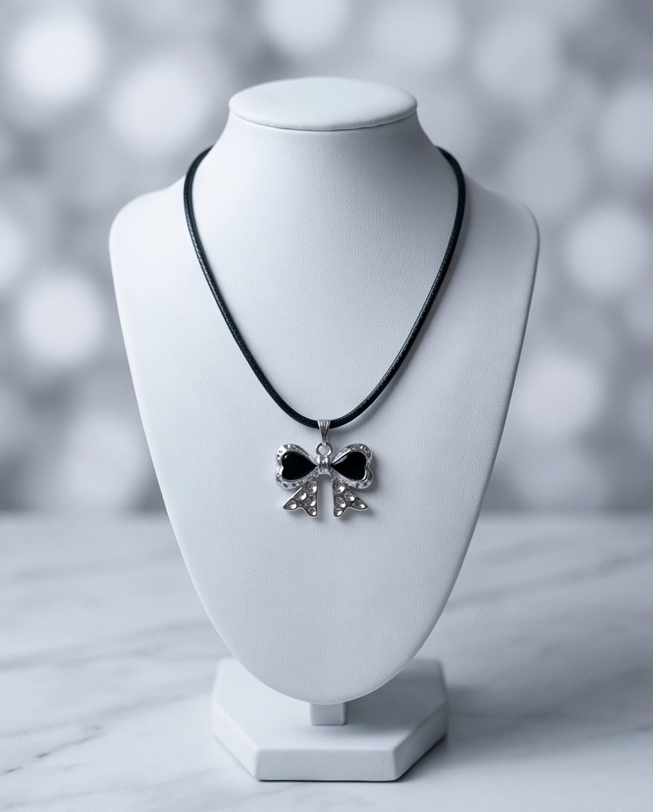 Black Enamel Ribbon Bow Pendant Necklace