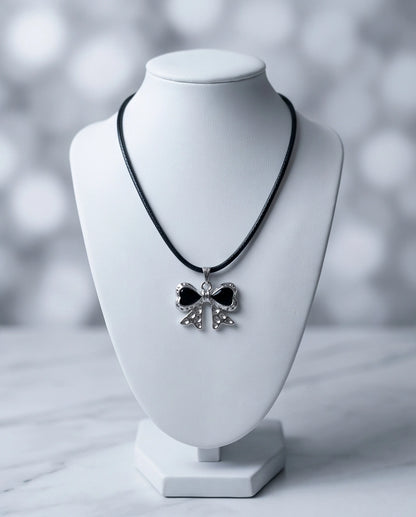 Black Enamel Ribbon Bow Pendant Necklace