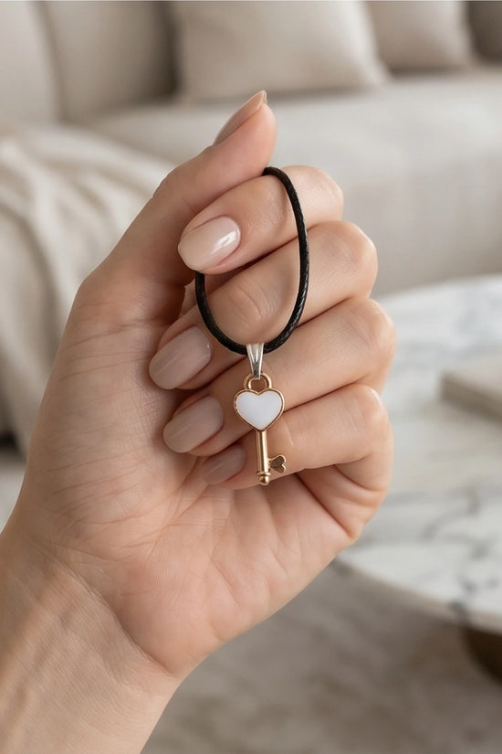 Gold and White Heart Key Pendant Necklace