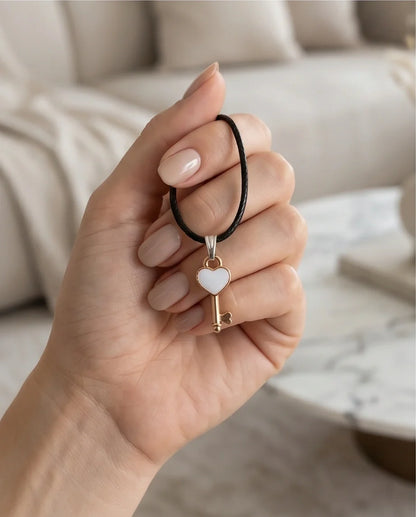 Gold and White Heart Key Pendant Necklace
