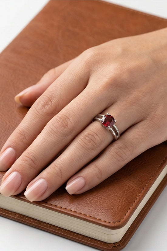 Sterling Silver Round-Cut Split Shank Garnet Red Solitaire Ring