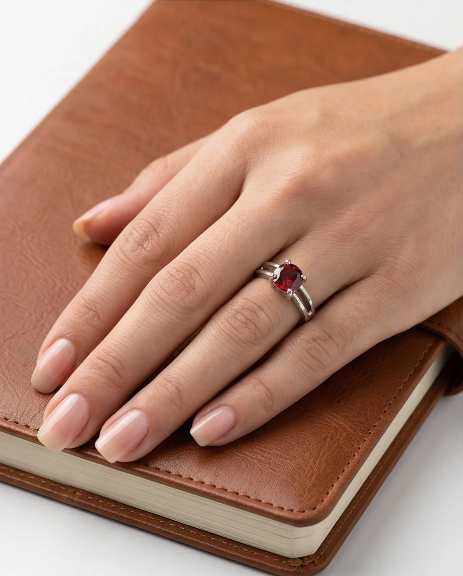 Sterling Silver Round-Cut Split Shank Garnet Red Solitaire Ring