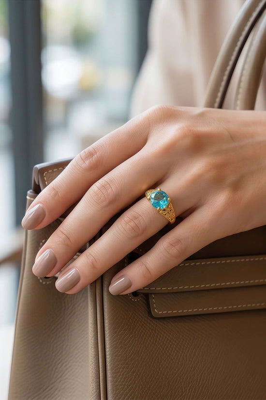 Golden Aquamarine Azure Filigree Ring