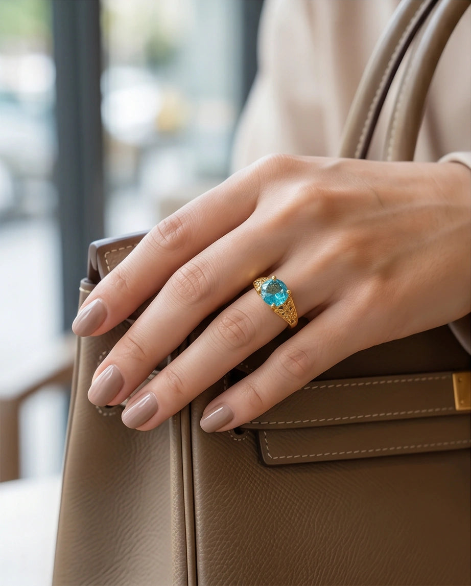 Golden Aquamarine Azure Filigree Ring