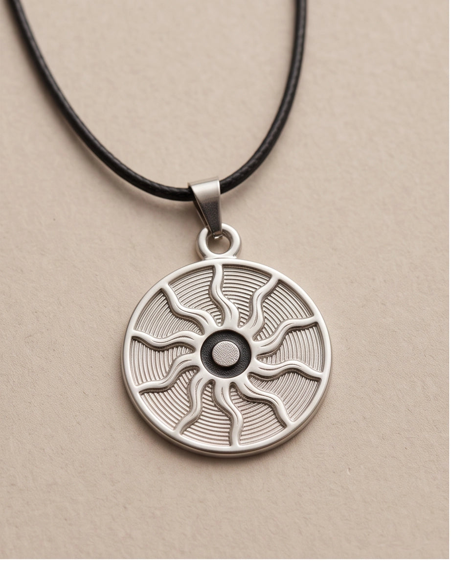 Silver Celestial Sunburst Medallion Cord Necklace