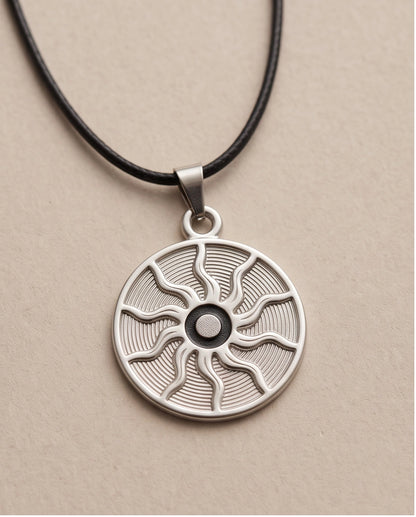 Silver Celestial Sunburst Medallion Cord Necklace
