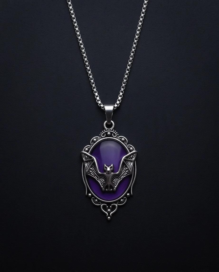Silver Gothic Bat Purple Enamel Medallion Chain Necklace