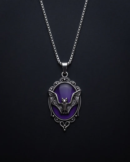 Silver Gothic Bat Purple Enamel Medallion Chain Necklace