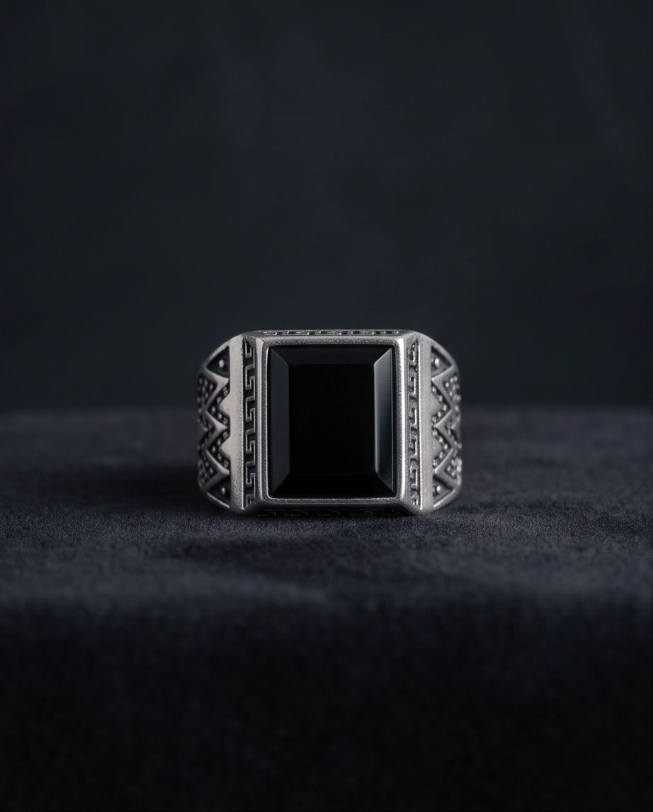 Onyx Gemstone Rectangular Bevel Greek Key Zigzag Silver Ring