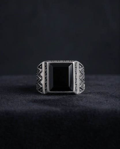 Onyx Gemstone Rectangular Bevel Greek Key Zigzag Silver Ring