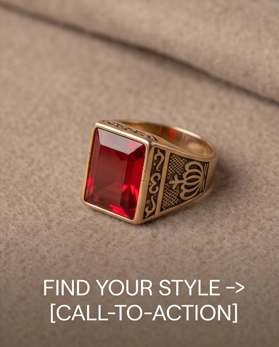 Crimson Ruby Emerald-Cut Gemstone Crown Motif Gold Ring