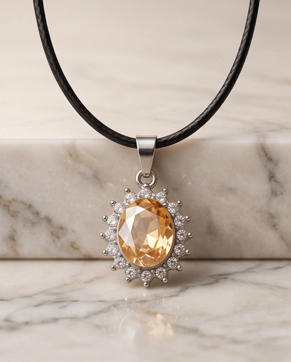Silver Citrine Yellow Oval Halo Medallion Pendant Necklace