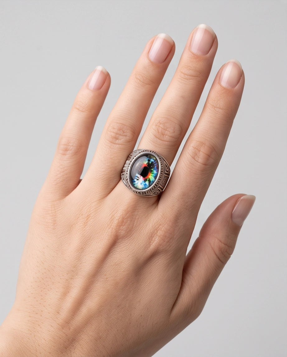Cosmic Multi-Color Tie-Dye Cabochon Greek Key Silver Ring