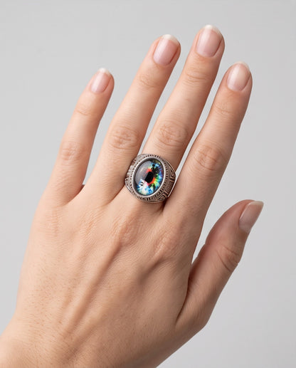 Cosmic Multi-Color Tie-Dye Cabochon Greek Key Silver Ring