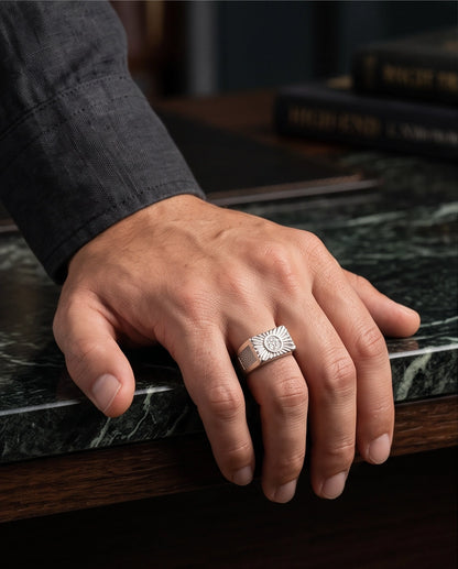 Celestial Sunburst Triple-Crystal Stippled Band Silver Ring