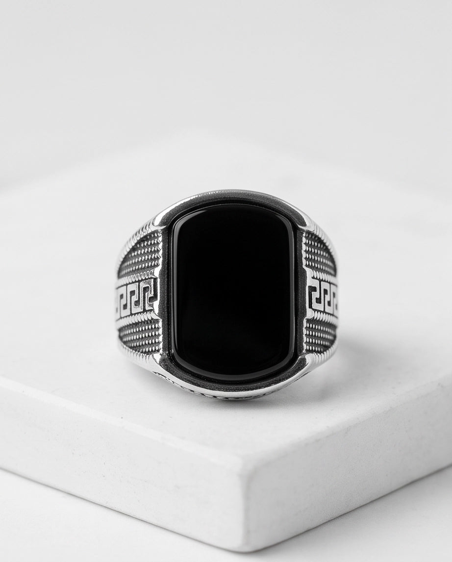 Onyx Gemstone Cushion Cabochon Greek Key Stippled Silver Ring