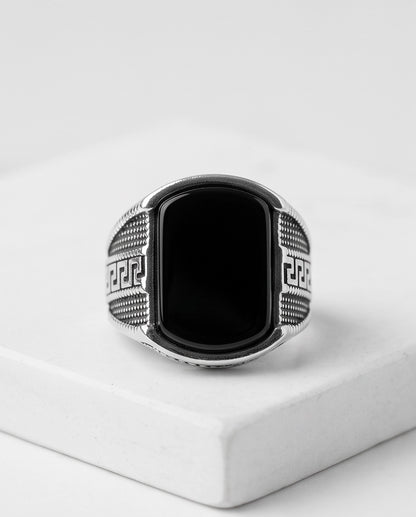 Onyx Gemstone Cushion Cabochon Greek Key Stippled Silver Ring