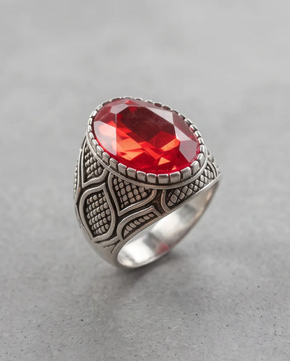 Ruby Gemstone Beaded Bezel Scale-Lattice Silver Ring