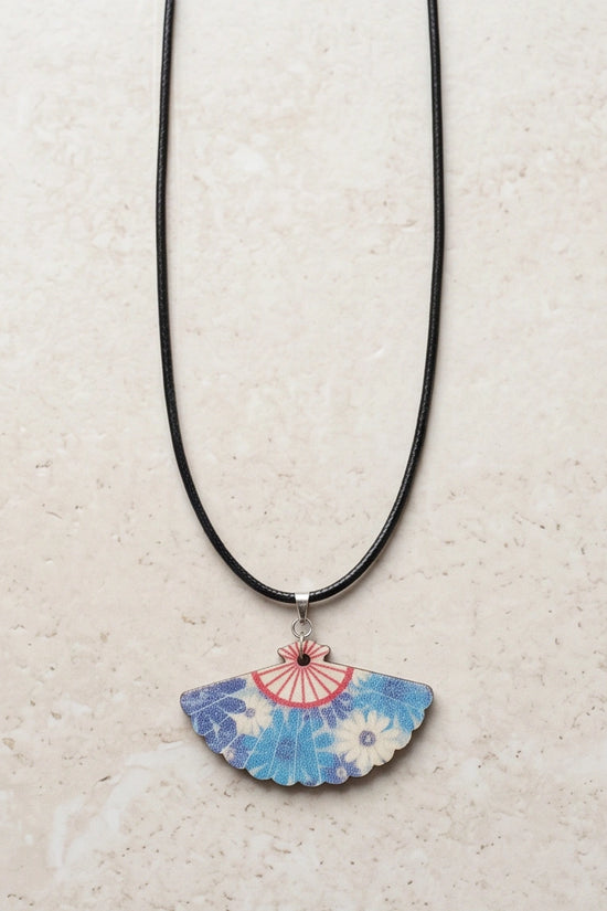 Vintage Ocean Blue Floral Hand-Fan Pendant Necklace