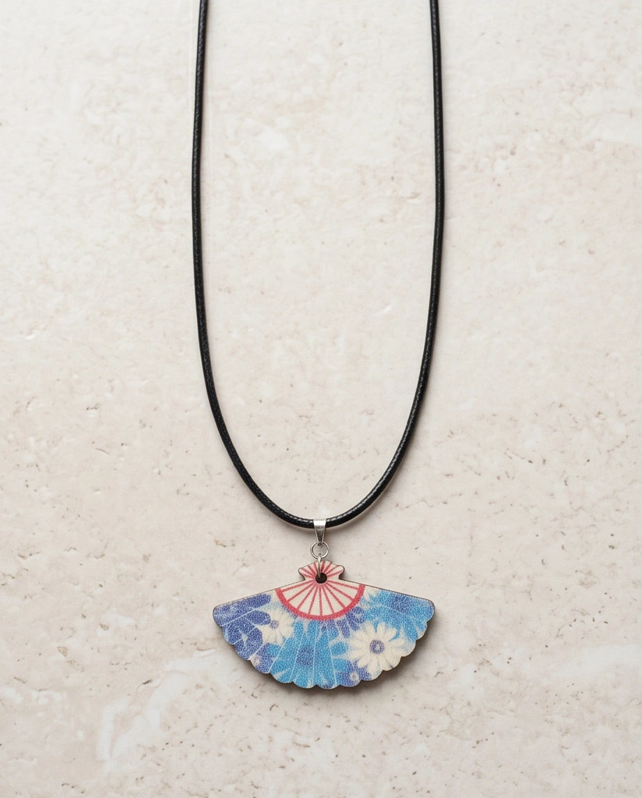 Vintage Ocean Blue Floral Hand-Fan Pendant Necklace