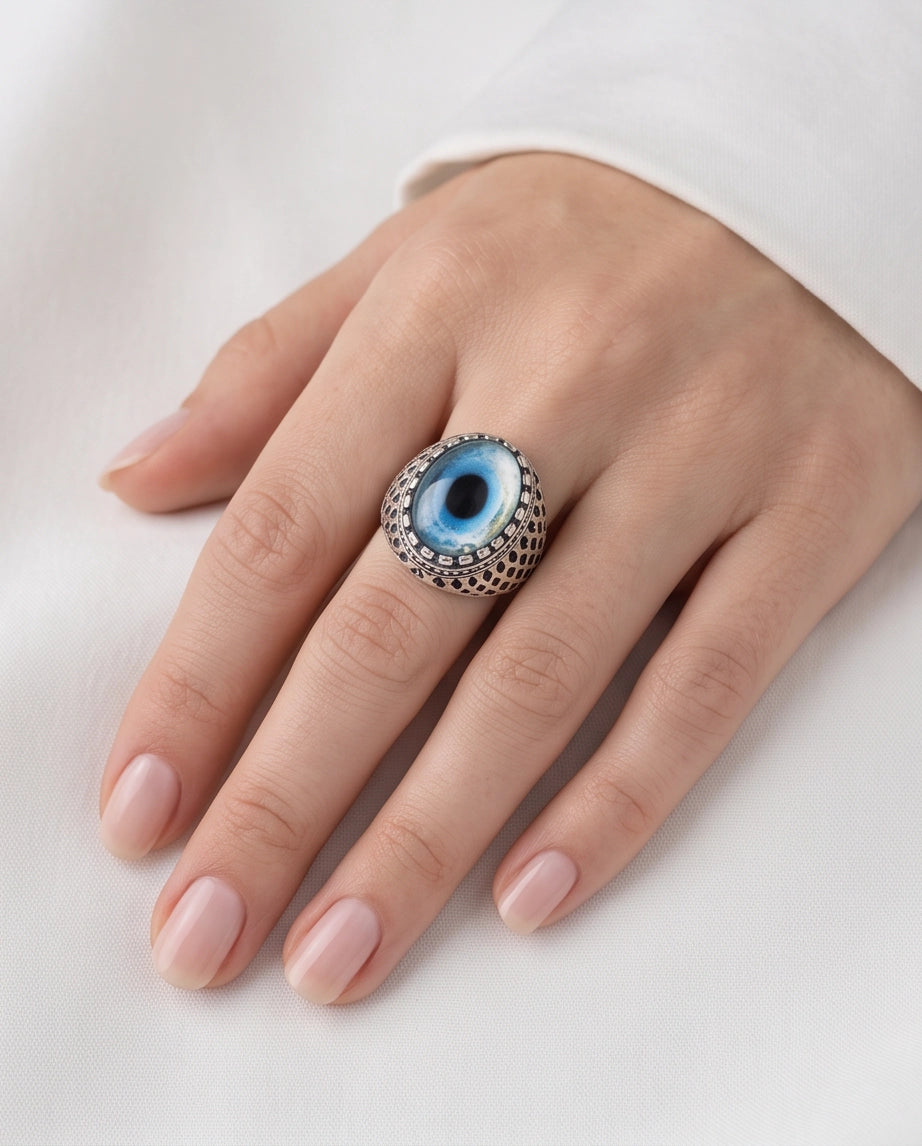 Royal Blue-Rimmed Evil Eye Cabochon Honeycomb-Band Silver Ring