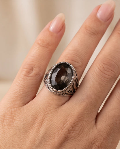 Smoky Quartz Oval-Cut Gemstone Beaded Bezel Silver Ring